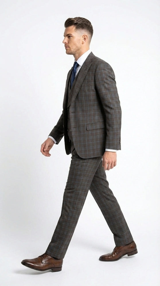 Vitali Men’s Brown Grey with Blue Check 3 Piece Suit – Classic Plaid Formal Suit Set with Blazer, Vest & Trousers, Business Wedding Party Wear for Men Slim Fit