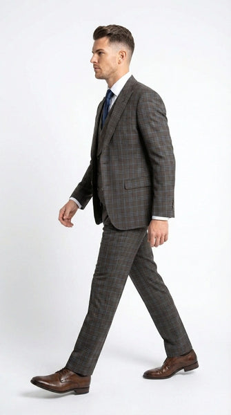 Vitali Men’s Brown Grey with Blue Check 3 Piece Suit – Classic Plaid Formal Suit Set with Blazer, Vest & Trousers, Business Wedding Party Wear for Men Slim Fit