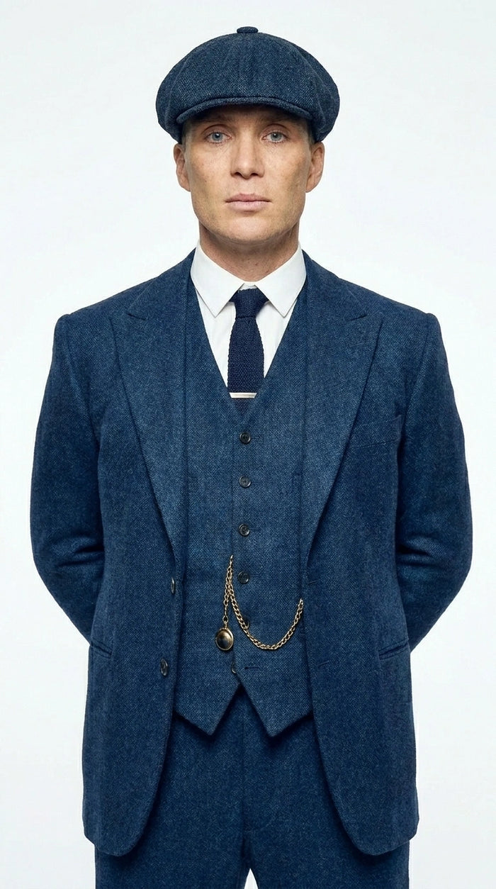 Men’s Blue 3 Piece Suit, Thomas Shelby Inspired Vintage Formal Suit Herringbone Tweed 1920s fabric