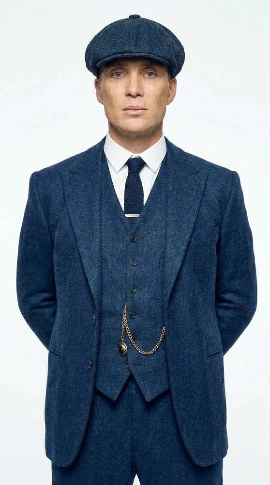 Men’s Blue 3 Piece Suit, Thomas Shelby Inspired Vintage Formal Suit Herringbone Tweed 1920s fabric