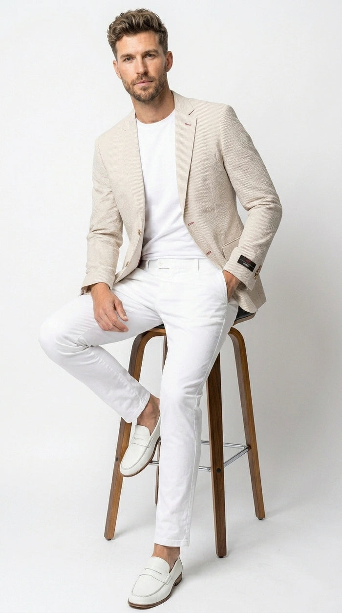 Men’s Beige Seersucker Summer Blazer, Lightweight Striped Sport Coat for Weddings, Parties, Beach Events in Tan Color