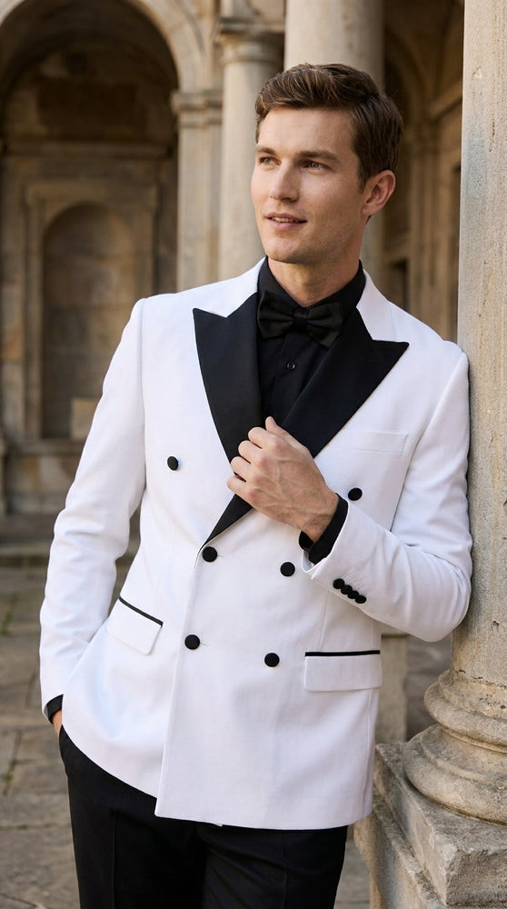Men's White Double Breasted Tuxedo Dinner Jacket – Black Satin Peak Lapel Formal Wedding, Prom & Party Blazer