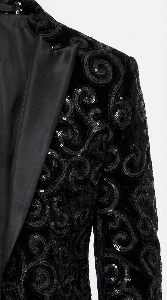 Men’s Black Velvet Sequin Swirl Dinner Jacket – Blazer Paisley Sparkly