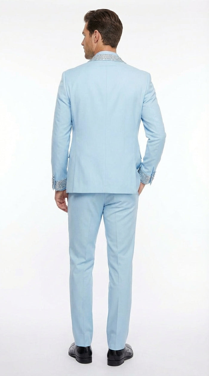 Men’s Light Blue Suit with Silver Glitter Lapel – Light Blue Formal Tuxedo Suit for Prom, Wedding and Special Occasion Wear in Sky Baby Blue