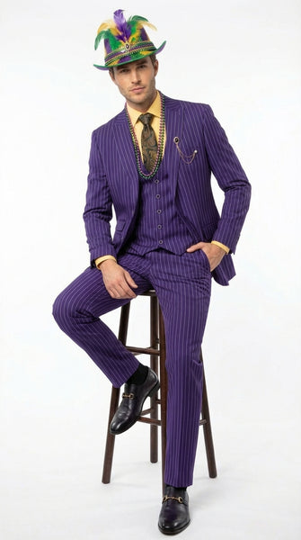 Men’s Purple Pinstripe Mardi Gras Suit | Three Piece Carnival Formal Suit with Vest