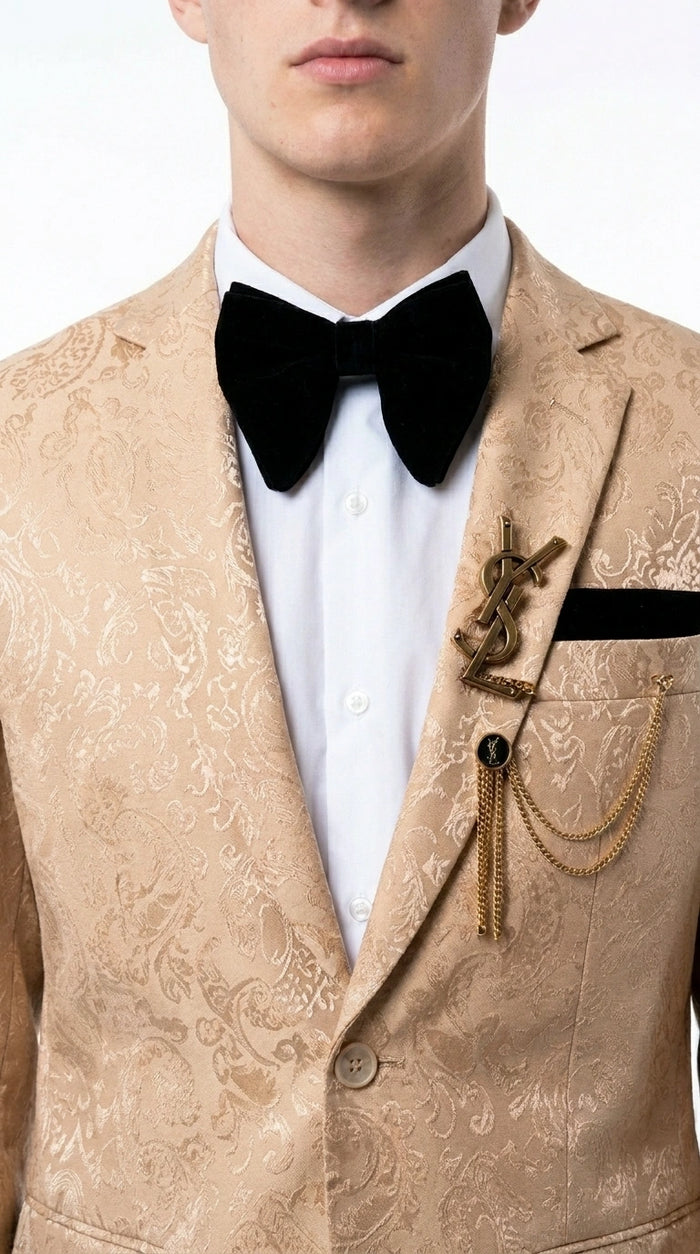 Men’s Champagne Gold Paisley Prom Tuxedo, Formal Dinner Suit for Prom, Weddings, Parties in Tan Color