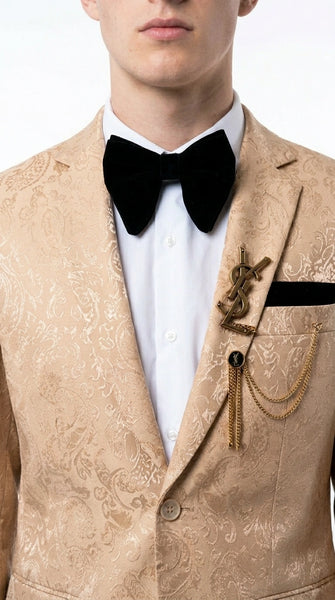 Men’s Champagne Gold Paisley Prom Tuxedo, Formal Dinner Suit for Prom, Weddings, Parties in Tan Color