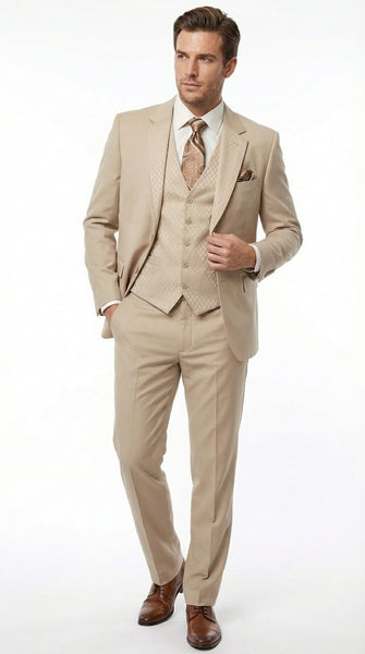 Men’s Tan Beige 3 Piece Tuxedo Suit – Beige Formal Suit Set with Vest, Patterned Lapel and Tie for Wedding, Prom in Tan Khaki Color