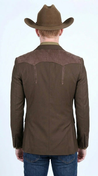 Men’s Dark Brown Western Blazer with Suede Yokes, Cowboy Sport Coat for Ranch Wedding and Country Events