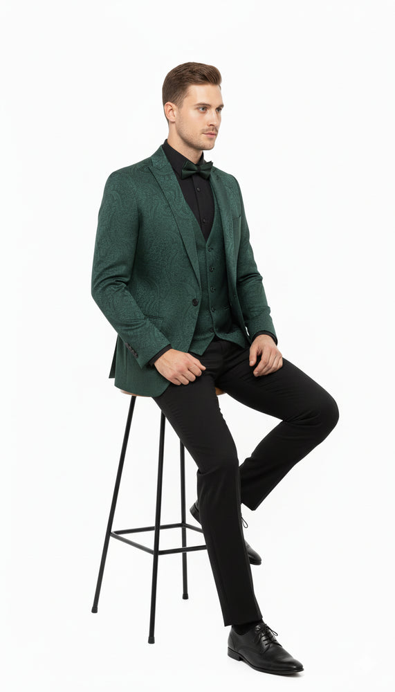 Men’s Emerald Green Paisley Tuxedo 3-Piece Suit – Slim Fit Formal Blazer, Vest, and Pants for Weddings, Proms