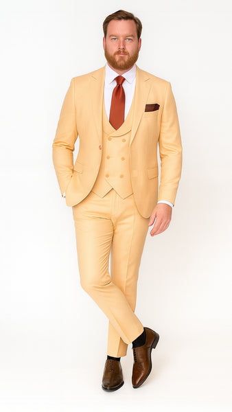 Mens Peach 3-Piece Suit – Double-Breasted Vest, Notch Lapel Blazer, Slim Fit Dress Pants