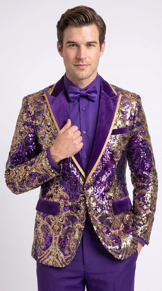 Men’s Purple and Gold Sequin Suit with Pants – Luxury Prom, Wedding and Party Blazer