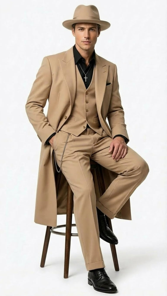 Men’s 1920s Beige Zoot Suit – Long Mafia Gangster Three-Piece Suit in Tan Khaki Color 40 inch Zuit Pachuco Suit