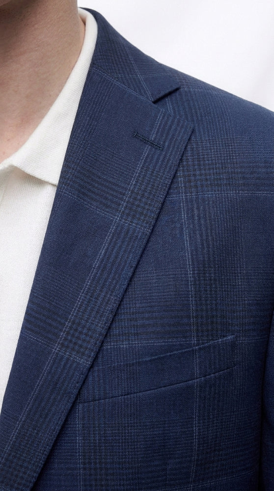 Men’s Navy Blue Plaid Wool Blazer – English Style Textured Wool Winter Sport Coat  Windowpane pattern