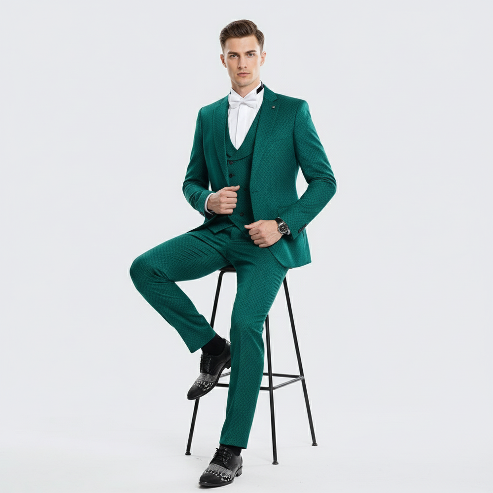 Men’s Emerald Green Textured 3-Piece Suit – Polk Dot Pattern Formal Wedding, Prom, and Evening Wear Outfit