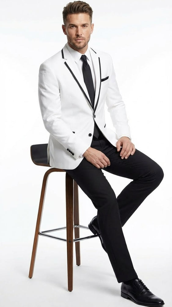 White With Black Skinny Fitted Slim Fit Cut Tuxedo Blazer