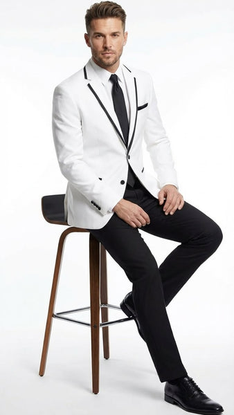 White With Black Skinny Fitted Slim Fit Cut Tuxedo Blazer