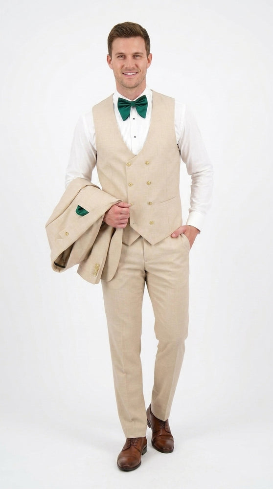 Men’s Khaki Tan 3-Piece Groomsmen Suit – Wedding Suit with Double-Breasted Vest and Pants Great Gatsby Style Gold buttons