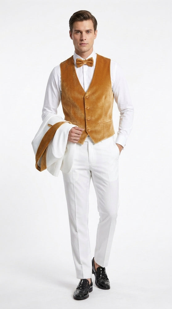 Men's White & Gold Tuxedo – Velvet Shawl Lapel 3 Piece Wedding & Prom Suit