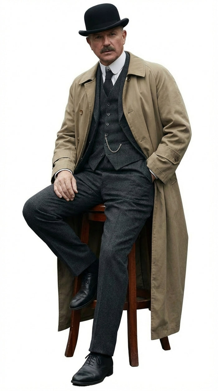 Men's Beige Cotton Trench Coat Suit Package – Classic Long Overcoat