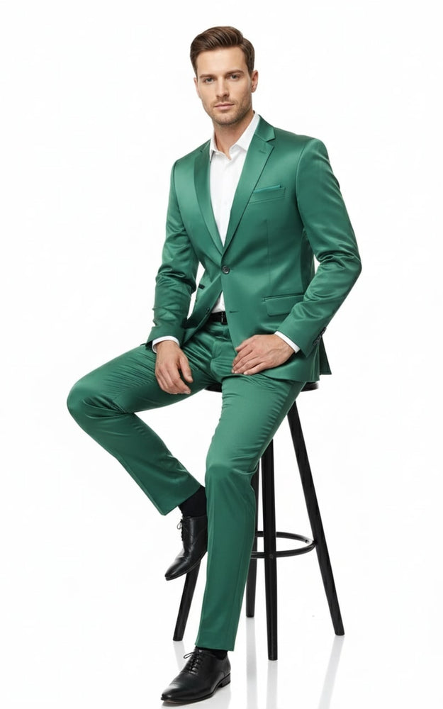 Mens Shiny emerald Green Sateen 2-Piece Slim Fit Suit – Formal Blazer and Pants Set Prom Wedding