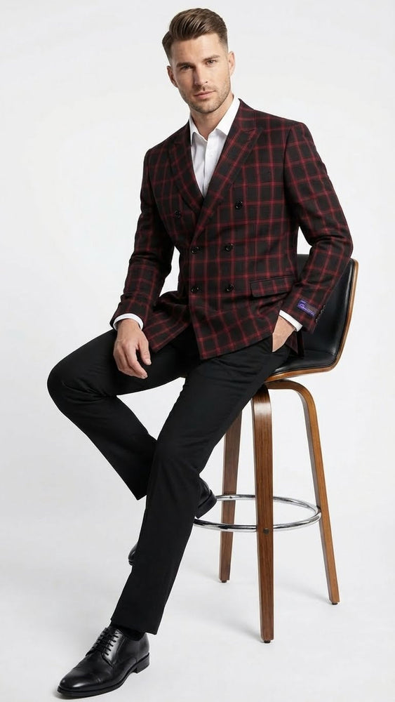 Men’s Black and Red Check Double Breasted Blazer – Sport Coat Jacket Windowpane Sportcoat Slim Fit