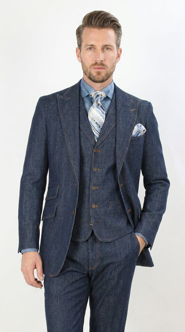 Men’s Pleated Pants Dark Blue Denim 3 Piece Suit – 100% Cotton Formal Suit Set, Blazer Vest Pants Outfit Classic Fit Athletic Fit Lose Fit