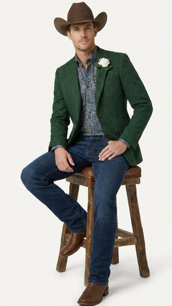 Men’s Green Western Blazer Jacket – Classic Cowboy Style Sport Coat for Wedding, Party and Formal Events