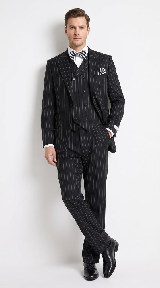 Men’s Black Pinstripe 3-Piece Suit Wool Suit  – Classic Fit Single Button Suit with Wide Leg Pleated Pants By Tiglio Russo