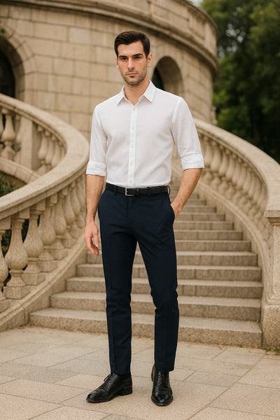 Men’s White Linen Button Down Shirt – Long Sleeve Roll-Up Casual Dress Shirt