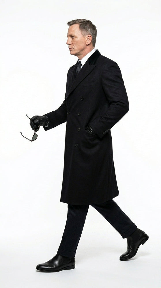 Men’s Black Double Breasted Overcoat, James Bond Inspired Long Formal Coat for Weddings, Business Events, Parties, and Winter Occasions
