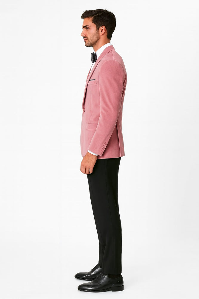 Mens Pink Velvet Tuxedo Dinner Jacket with Shawl Lapel – Slim Fit Blazer for Weddings, Prom in Rose Gold Color