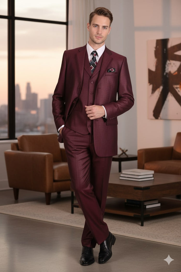 Mens Burgundy 3-Piece Suit – Burgundy Three Buttons Vested Suit - Pleated Pants Classic Fit Athletic Cut