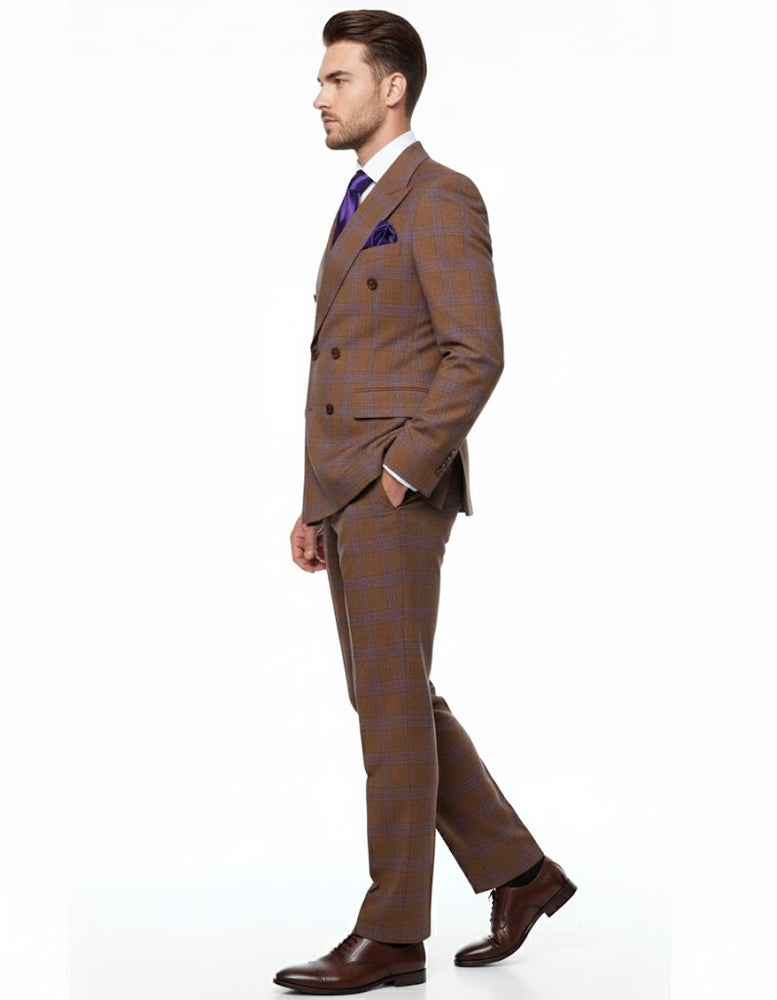 Men’s Brown Plaid Double-Breasted Suit – Premium 2-Piece Classic Checkered Windowpane Suit by Rossiman