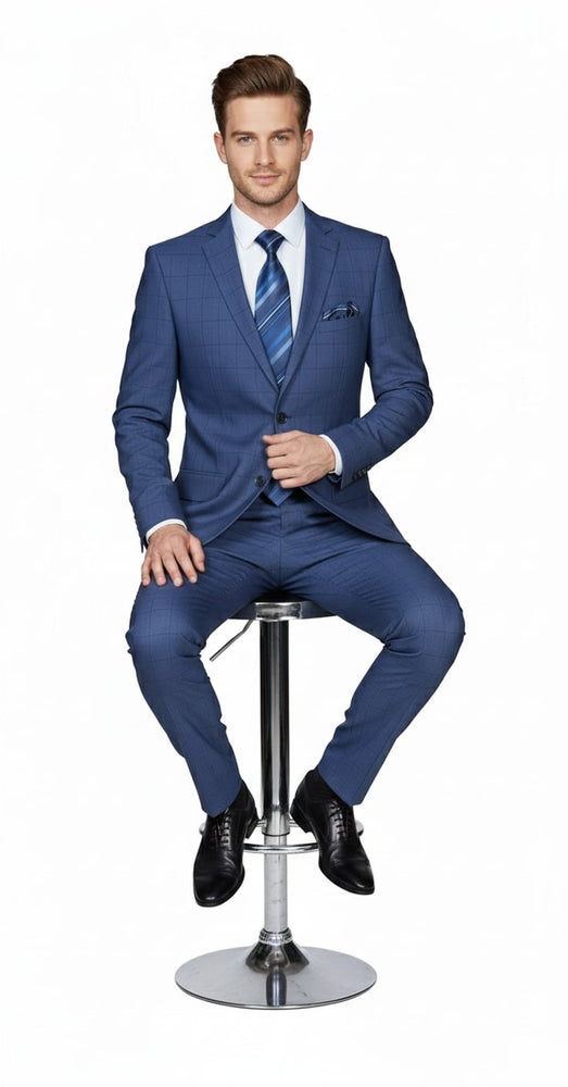 Mens Indigo Navy Blue Windowpane Check Suit – Classic 2-Piece Formal Business and Wedding Wear Set in Cobalt Blue