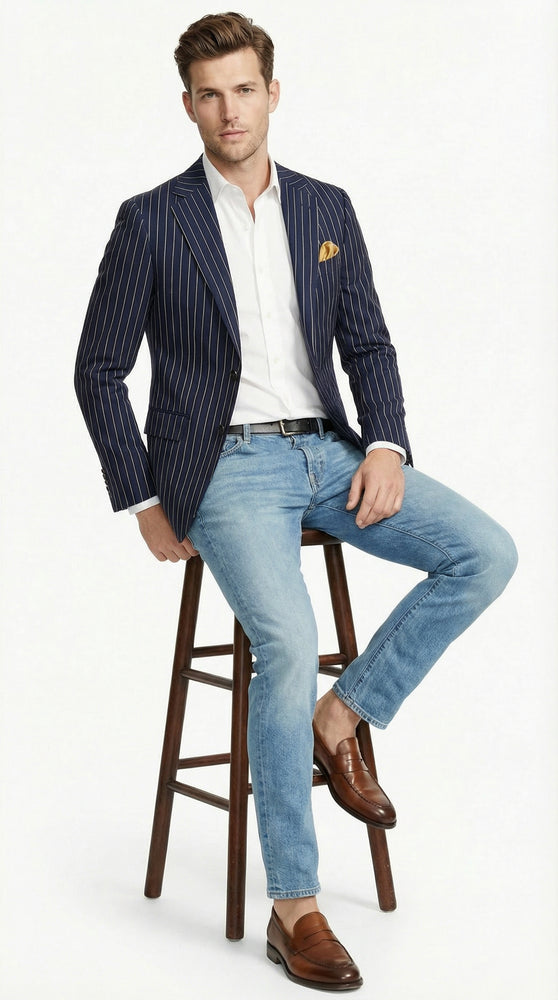 Mens Navy Blue Pinstripe Blazer – Classic Tailored Formal Jacket for Business, Office and Smart Casual Wear