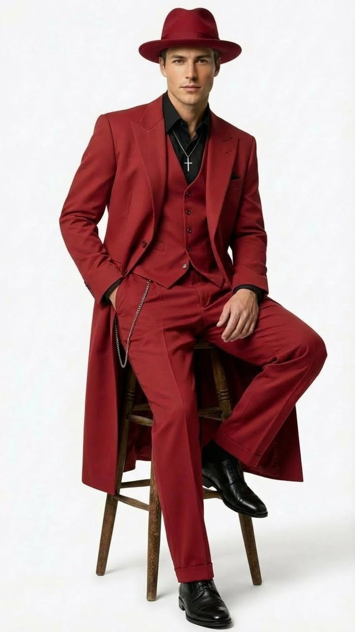 Men’s 1920s Burgundy Zoot Suit – Long Mafia Gangster Three-Piece Vintage Outfit Zuit Pachuco Style