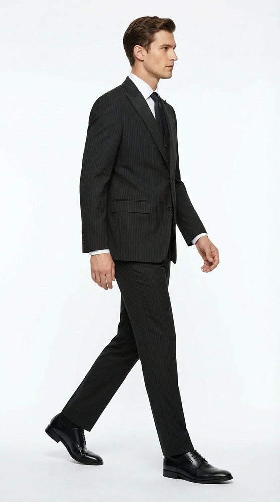 Vitali Mens Black Tone on Tone Shadow Stripe Vested Suit Set – 3 Piece Modern Fit Pinstripe Two Buttons