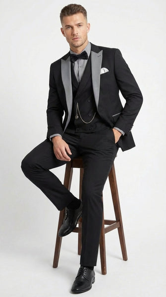 Men’s Black And White Lapel 3 Piece Tuxedo Suit with Silver Gray Satin Lapel | Formal Wedding Prom Suit Set