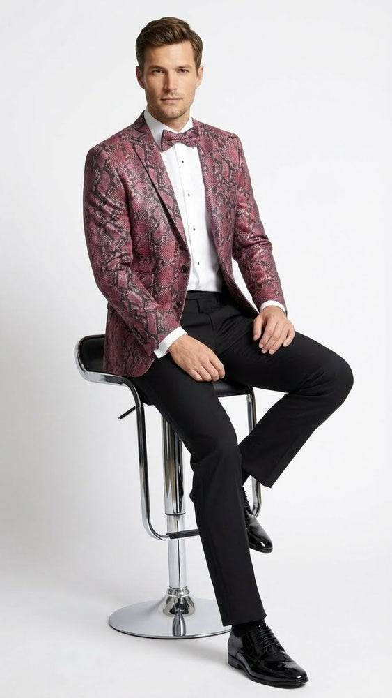 Men’s Burgundy and Black Snakeskin Print Blazer – Alligator Crocodile Sport Jacket Exotic Skin