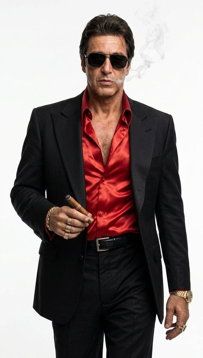 Tony Montana’s Black Blazer with Red Sateen Shirt – Men’s Black Formal Blazer and Red Satin Style Shirt Outfit for Party, Wedding and Vintage Wear
