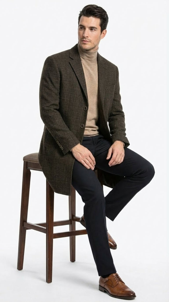 Men’s Brown Checkered Wool Overcoat – Long Winter Coat with Classic Plaid Pattern By Statement