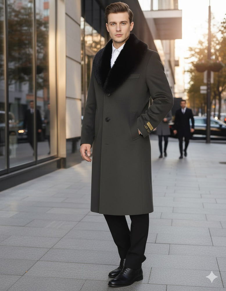 Mens Full Length Olive Overcoat with Black Fur Collar – Luxury Wool Fabric Winter Long Coat in Hunter Green