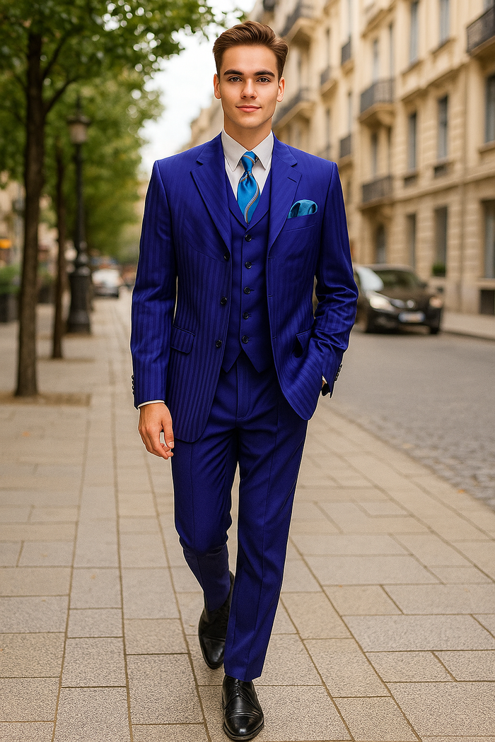 "Navy Blue Men's Shiny Tonal Stripe Fashion Suit - 4 Button Semi Wide Leg"