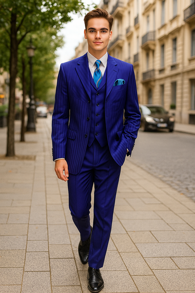 "Navy Blue Men's Shiny Tonal Stripe Fashion Suit - 4 Button Semi Wide Leg"