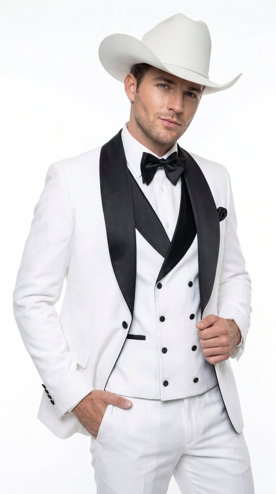 Men’s White and Black Western Wedding Tuxedo – Cowboy Style 3-Piece Traje para Boda with Double-Breasted Vest