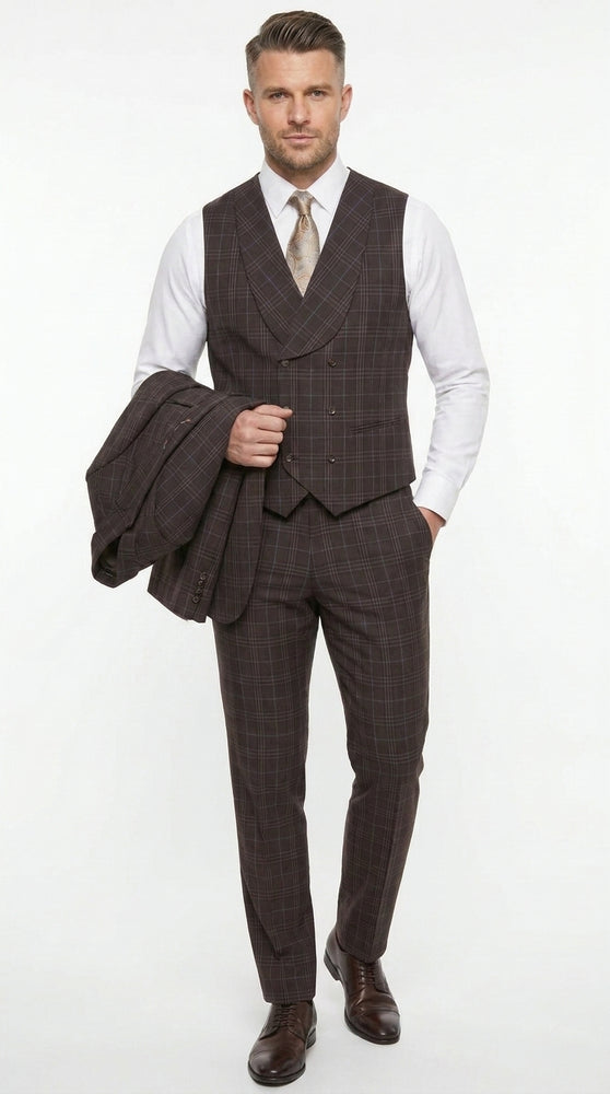 Men’s Vitali 3PC Suit – Choclate Brown and blue Plaid Check 3-Piece Suit with Double-Breasted Vest Modern Fit Side Vented