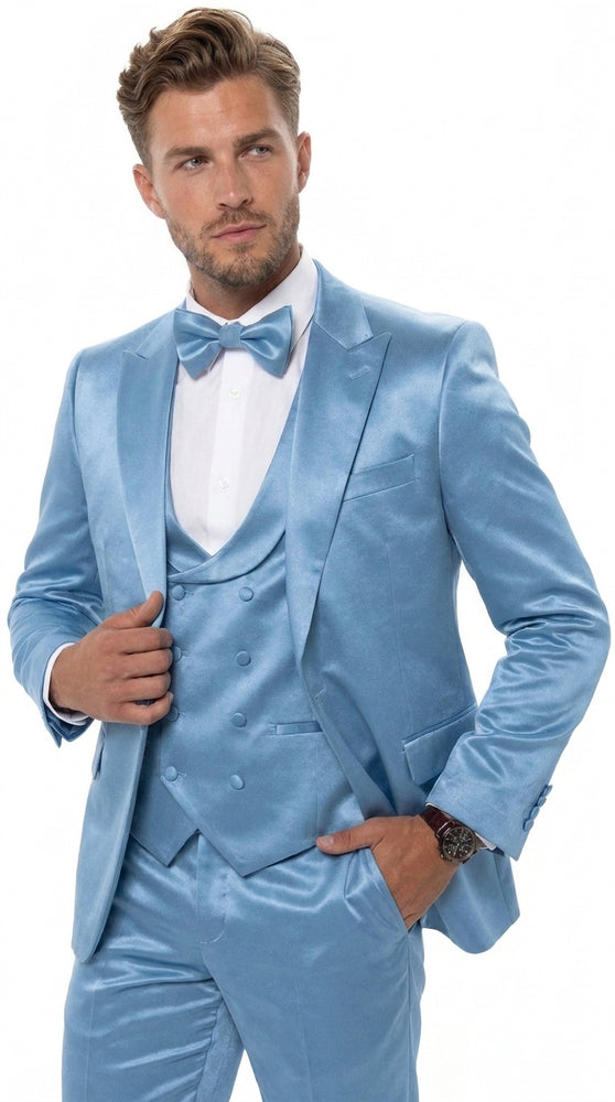 Men’s Powder Blue Satin Tuxedo – Light Blue Wedding & Prom Tuxedo Suit