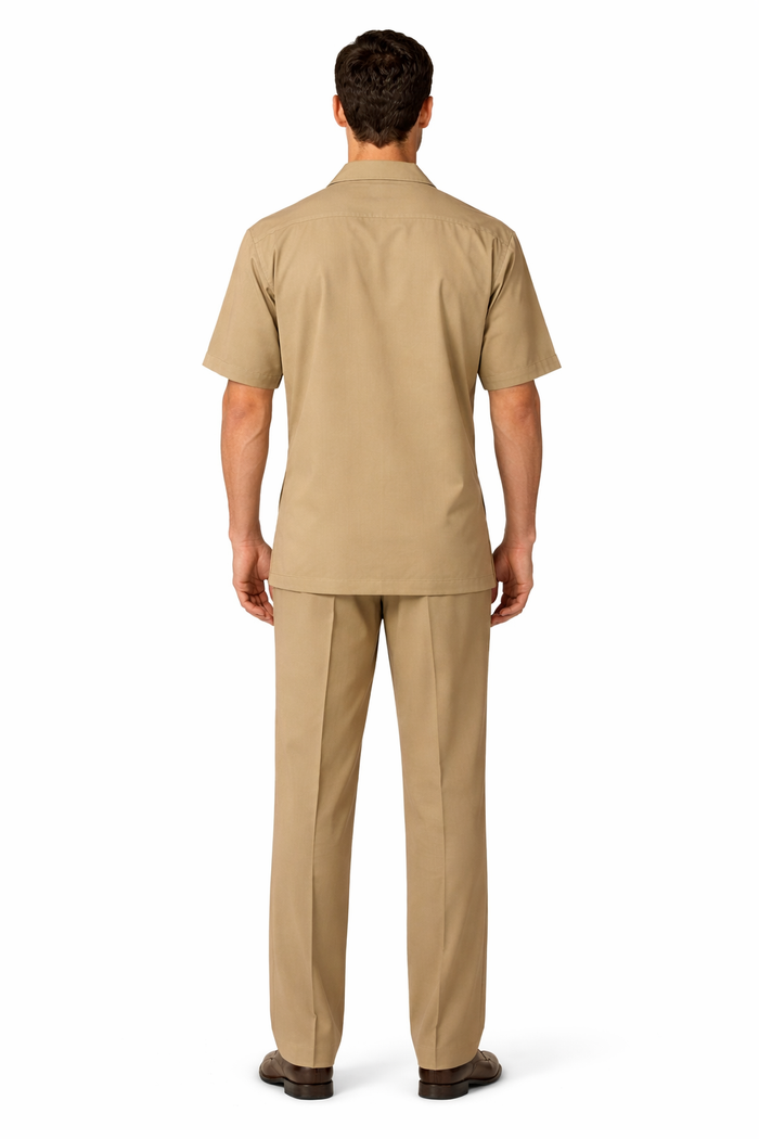 5 Buttons Short Sleeve Tan Casual Two Piece Walking Outfit For Sale Pant Sets Shirt With Pant Set