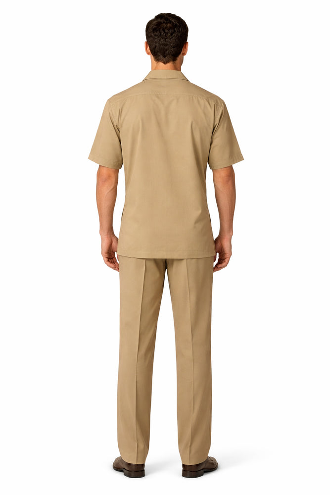 5 Buttons Short Sleeve Tan Casual Two Piece Walking Outfit For Sale Pant Sets Shirt With Pant Set